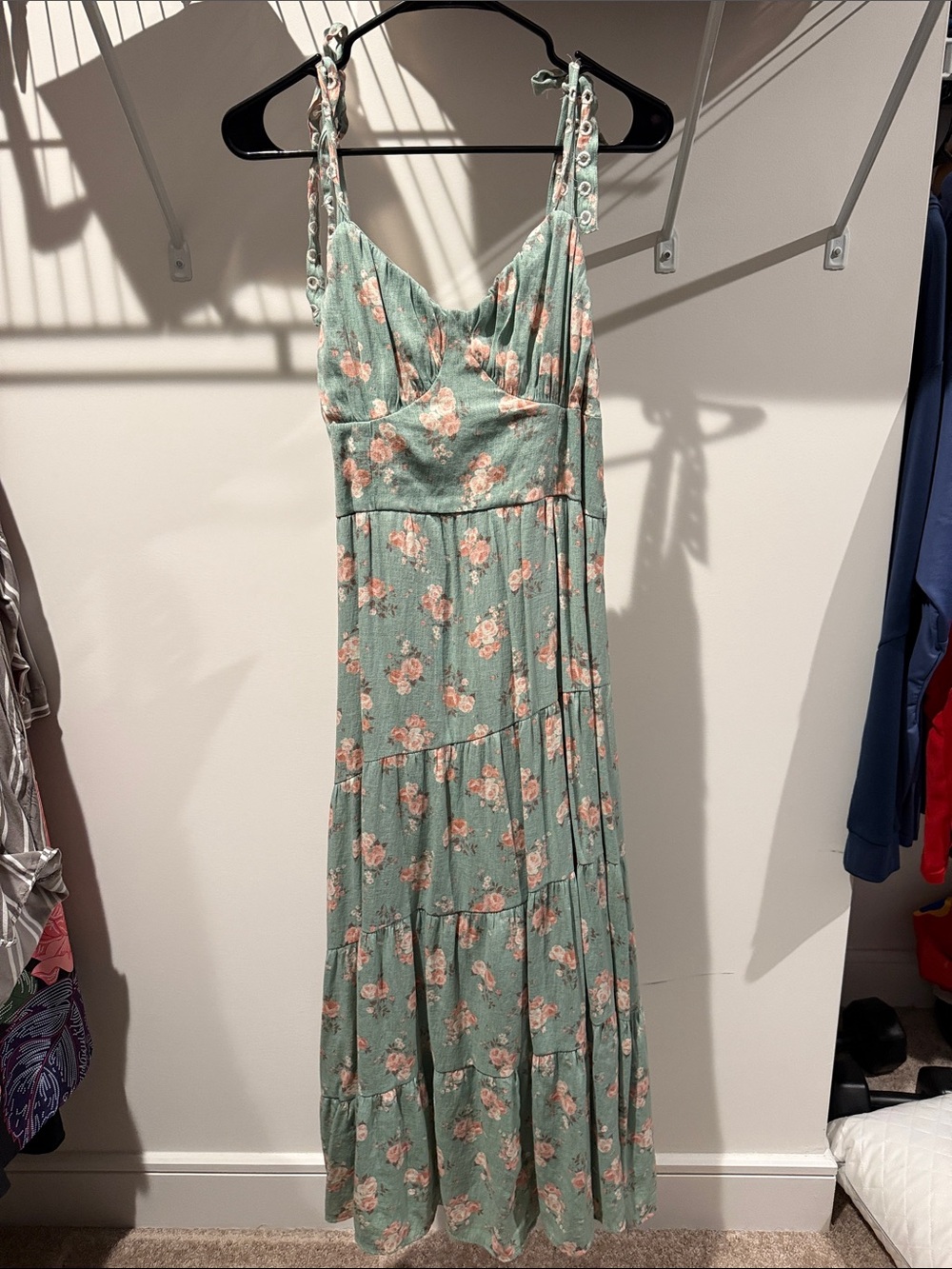 Juniors Tie-Strap Floral Maxi Dress in Sage Green
